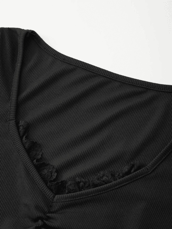 Y2K Aesthetic Black Lace Trim Long Sleeve Knit Top - Coquette & Grunge Style Women's Fashion