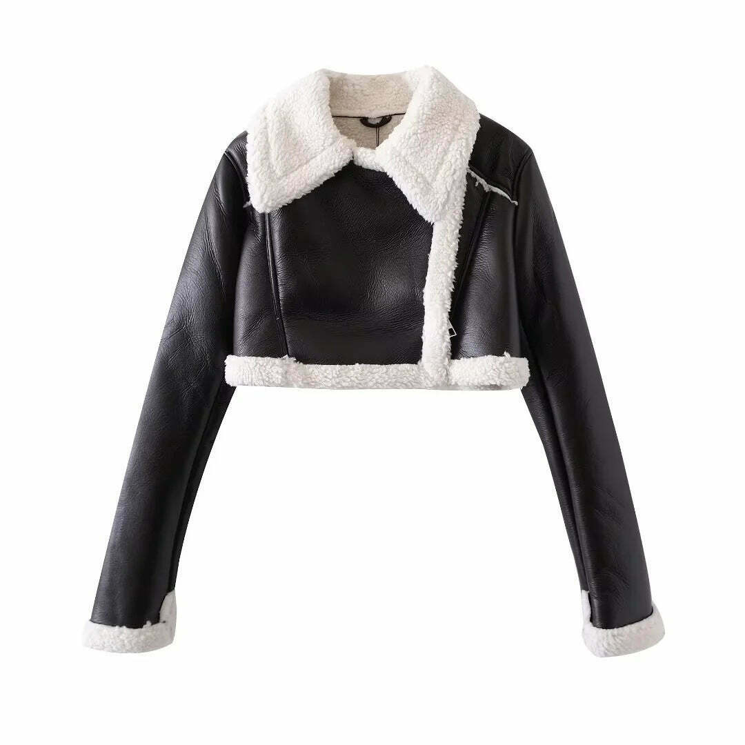 Y2K Aesthetic Black Leather Street Jacket - Coquette Grunge Style Cargo Skirt Outfit