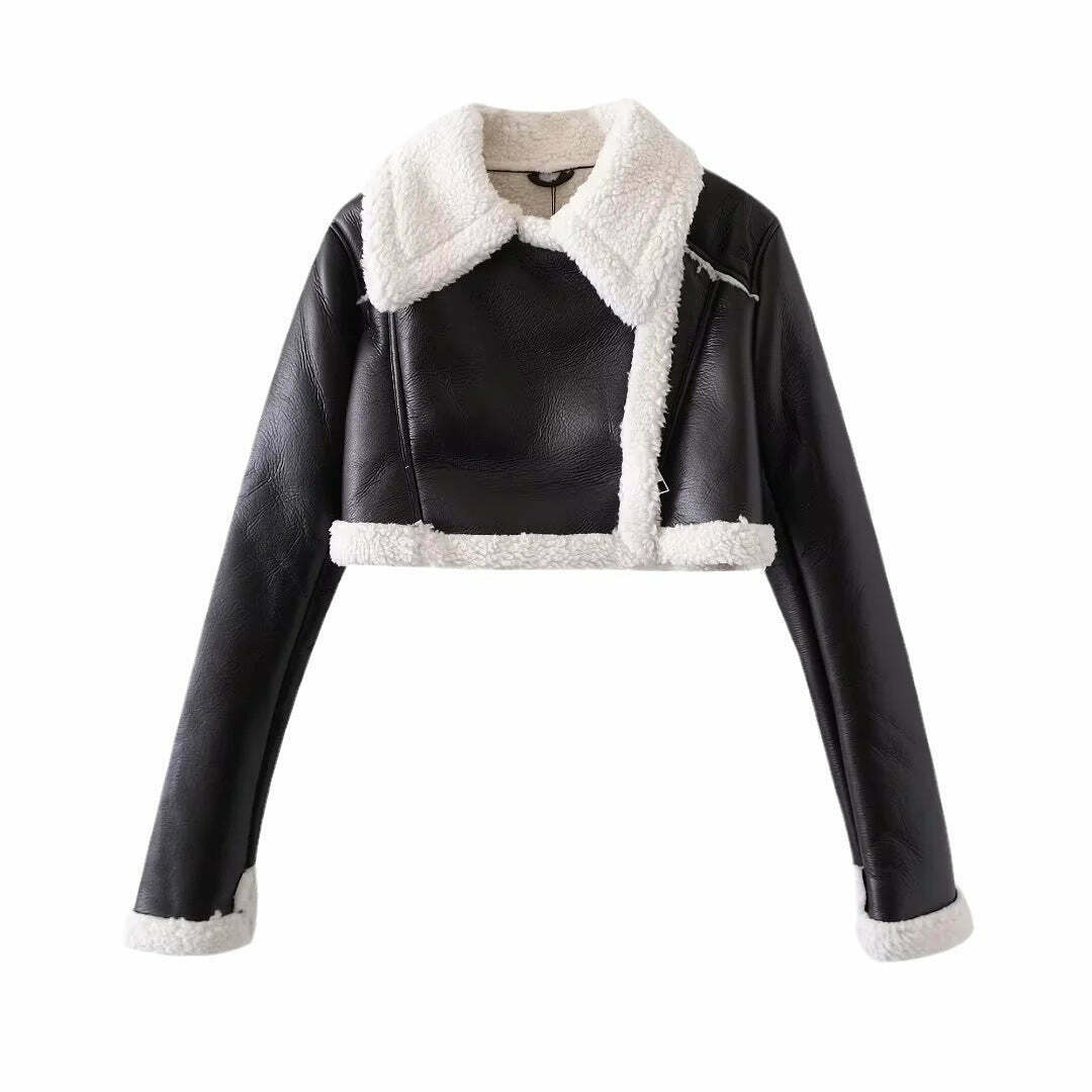 Y2K Aesthetic Black Leather Street Jacket - Coquette Grunge Style Cargo Skirt Outfit