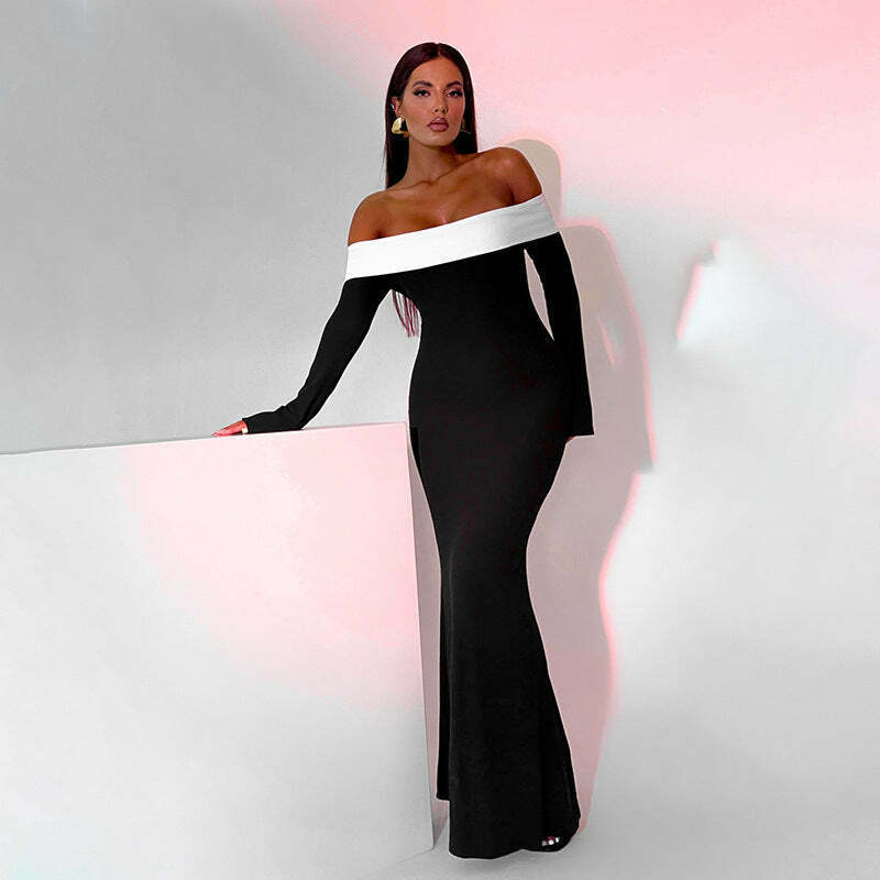 Y2K Aesthetic Black Maxi Dress: Coquette Style Strapless Long-Sleeved Outfit for Women
