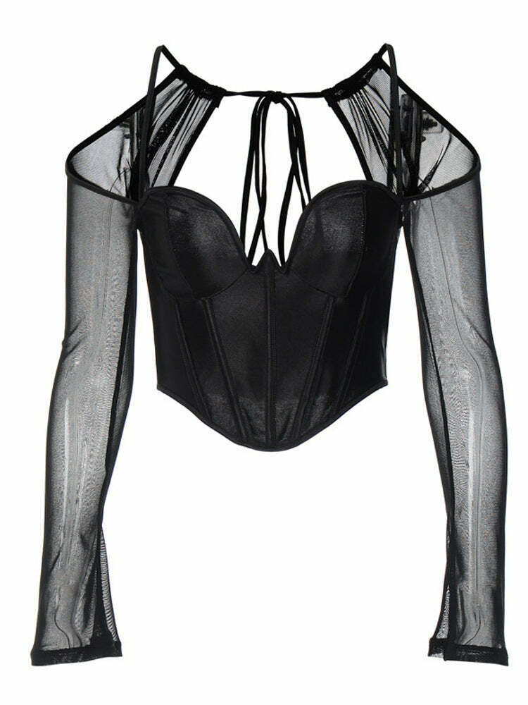 Y2K Aesthetic Black Mesh Backless Halter Neck Top - Coquette Style Grunge Fashion for Women