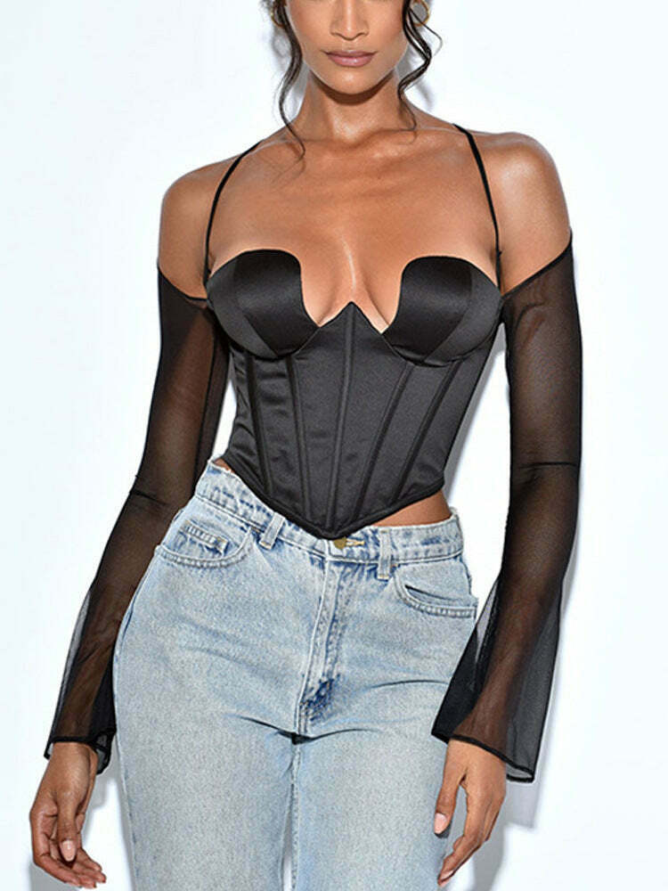 Y2K Aesthetic Black Mesh Backless Halter Neck Top - Coquette Style Grunge Fashion for Women
