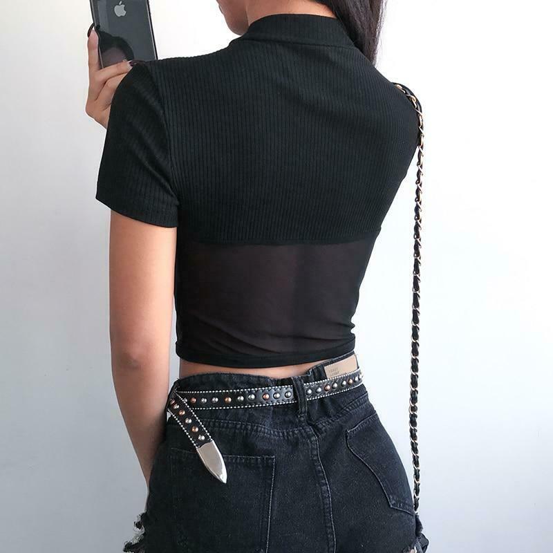 Y2K Aesthetic Black Mesh Crop Tops - Coquette Grunge Fashion with Pastel Goth Touch