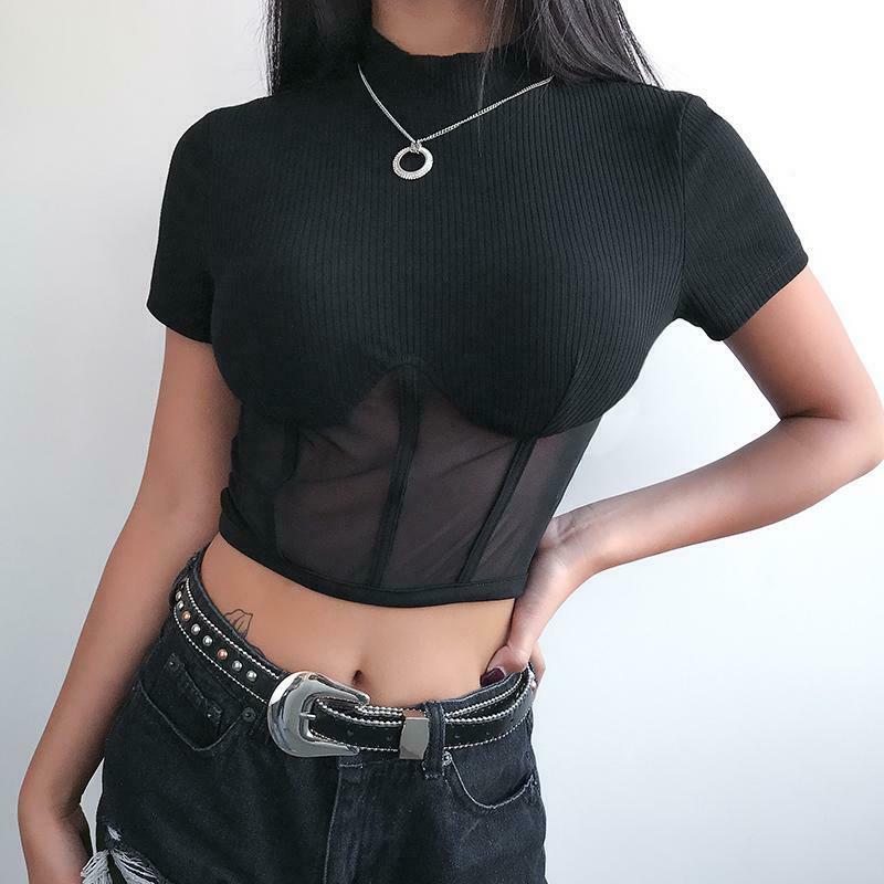 Y2K Aesthetic Black Mesh Crop Tops - Coquette Grunge Fashion with Pastel Goth Touch