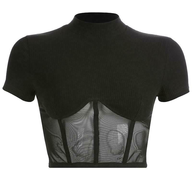 Y2K Aesthetic Black Mesh Crop Tops - Coquette Grunge Fashion with Pastel Goth Touch