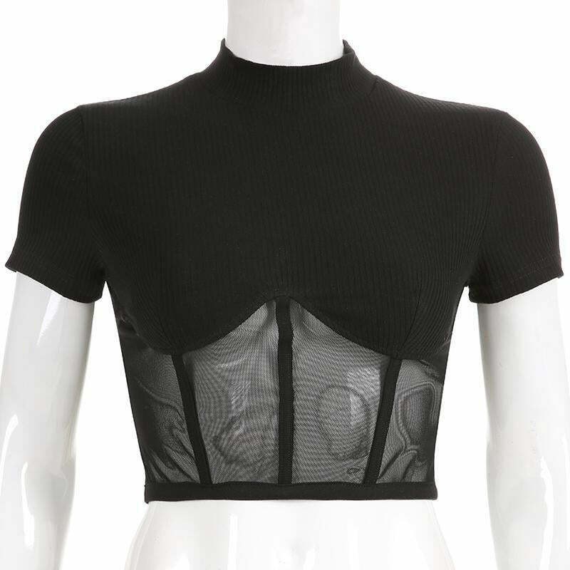 Y2K Aesthetic Black Mesh Crop Tops - Coquette Grunge Fashion with Pastel Goth Touch