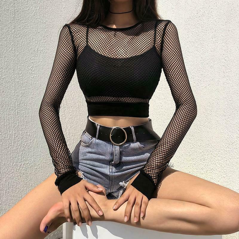 Y2K Aesthetic Black Mesh Long Sleeve Top - Coquette Style Grunge Fashion for Women