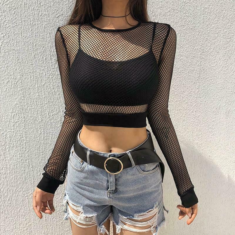 Y2K Aesthetic Black Mesh Long Sleeve Top - Coquette Style Grunge Fashion for Women