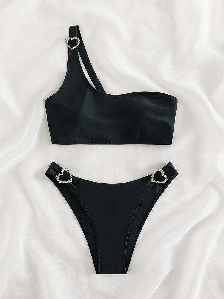 Y2K Aesthetic Black One-Shoulder Split Bikini - Coquette Style for Niche Women Fashion