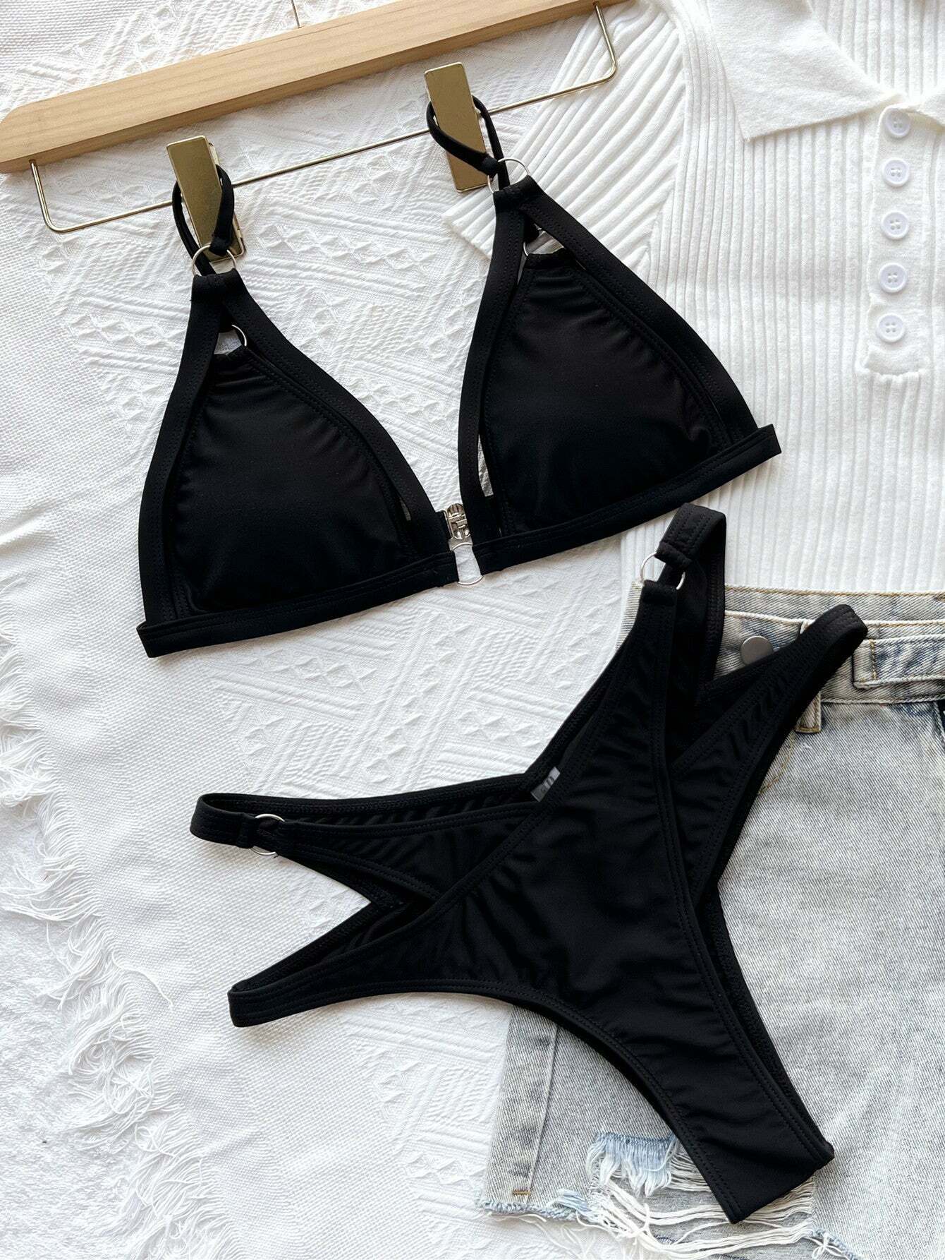 Y2K Aesthetic Black Openwork Swimsuit - Coquette Style Sexy Split Swimwear