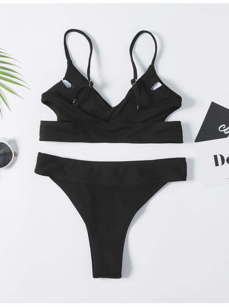 Y2K Aesthetic Black Padded Bikini Set: Coquette Style Thong Bottoms & Cute Tops for Women