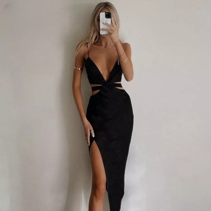 Y2K Aesthetic Blackout Split Dress - Coquette Style for Women's Fashion