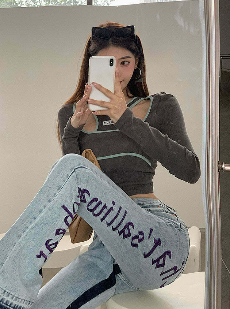 Y2K Aesthetic Blue Cargo Skirt - Coquette Style Grunge Outfit with Edgy Blue Jeans