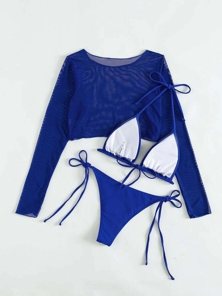 Y2K Aesthetic Blue Long-Sleeve Swimsuit Set for Women - Coquette Style Three-Piece Outfit