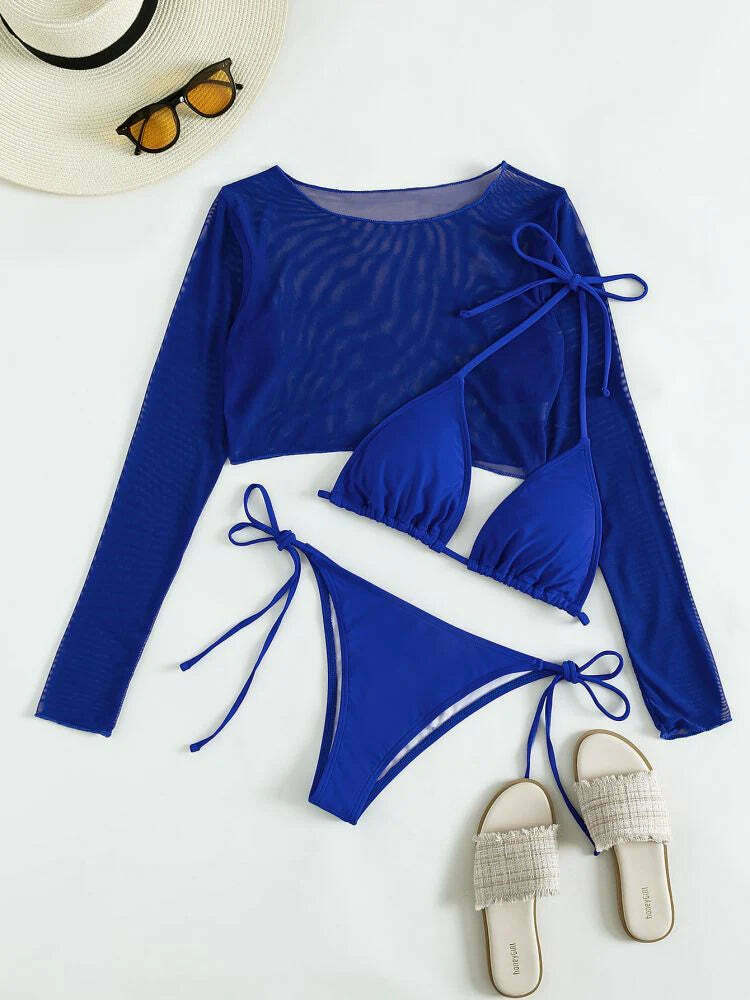 Y2K Aesthetic Blue Long-Sleeve Swimsuit Set for Women - Coquette Style Three-Piece Outfit
