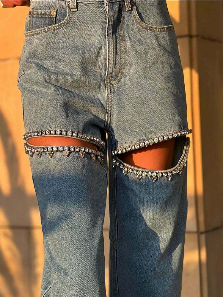 Y2K Aesthetic Blue Ripped Straight-Leg Jeans - Coquette & Grunge Fashion Statement