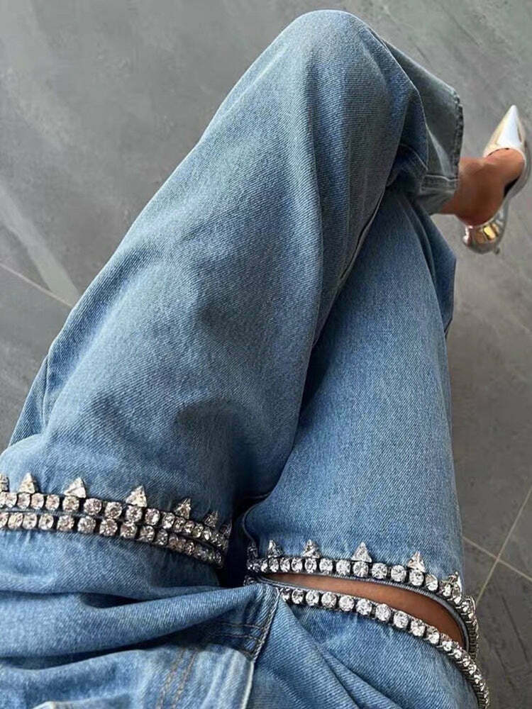 Y2K Aesthetic Blue Ripped Straight-Leg Jeans - Coquette & Grunge Fashion Statement