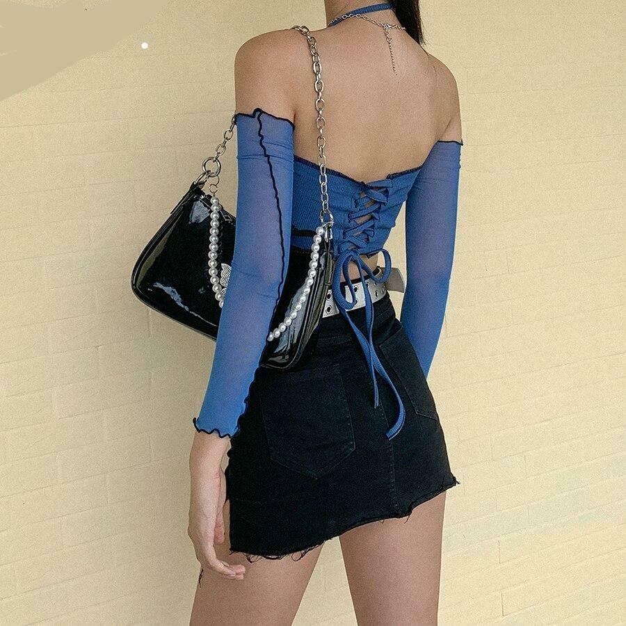 Y2K Aesthetic Blue Summer Crop Top - Coquette Style Grunge Fashion for Women