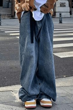 Y2K Aesthetic Blue Wash Boyfriend Jeans with Belt - Coquette & Grunge Style Women's Fashion