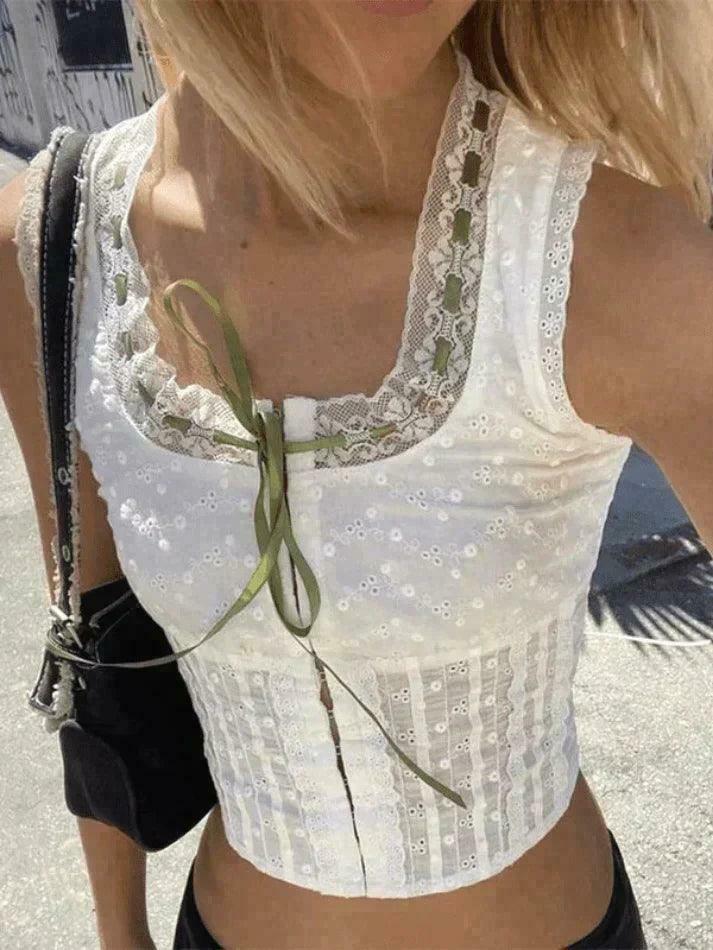 Y2K Aesthetic Broderie Lace White Cropped Tank Top for Women - Coquette & Grunge Style