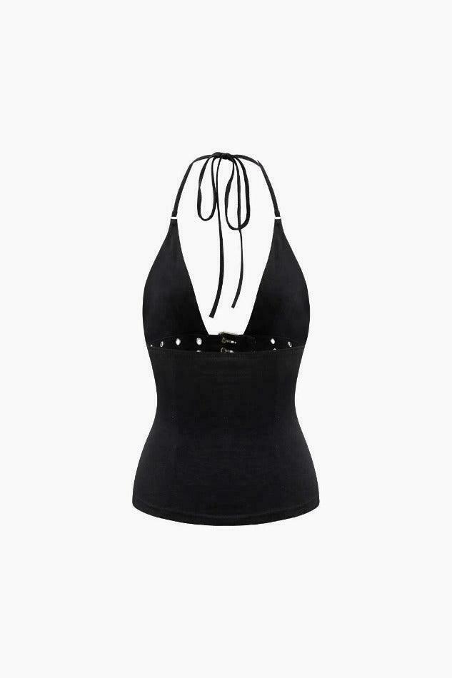 Y2K Aesthetic Buckle V-neck Halter Top - Coquette & Grunge Style Cute Pastel Goth Fashion
