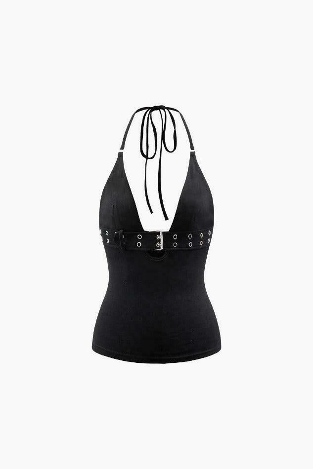 Y2K Aesthetic Buckle V-neck Halter Top - Coquette & Grunge Style Cute Pastel Goth Fashion
