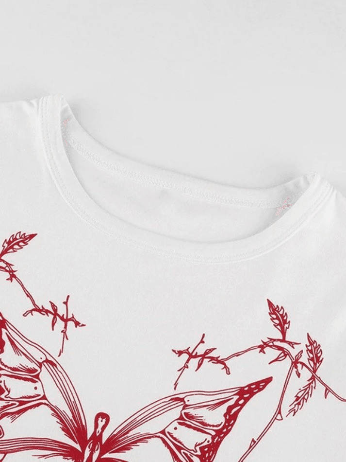 Y2K Aesthetic Butterfly Print White Crop Top for Women - Coquette Style Grunge Fashion