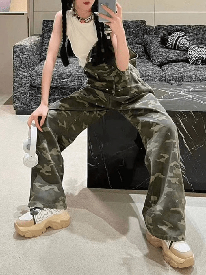 Y2K Aesthetic Camo Print Baggy Denim Overalls for Women