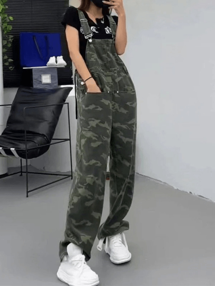 Y2K Aesthetic Camo Print Baggy Denim Overalls for Women