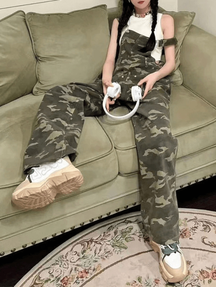 Y2K Aesthetic Camo Print Baggy Denim Overalls for Women