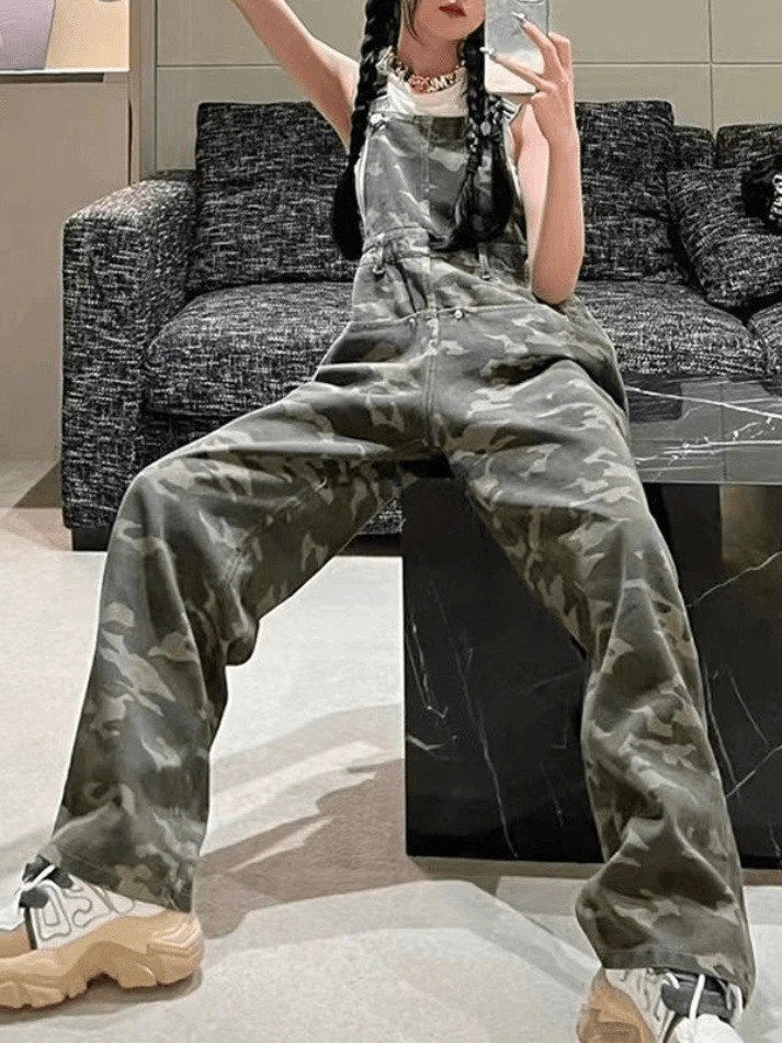 Y2K Aesthetic Camo Print Baggy Denim Overalls for Women