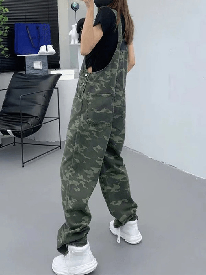 Y2K Aesthetic Camo Print Baggy Denim Overalls for Women