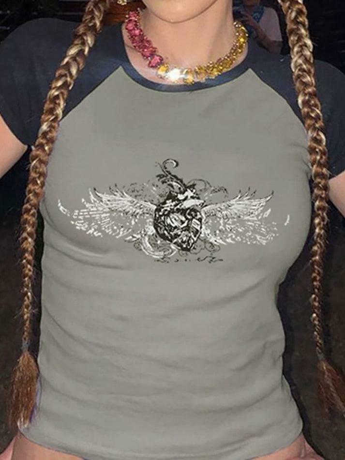Y2K Aesthetic Cap-Sleeve Graphic Print Raglan T-Shirt - Coquette Style
