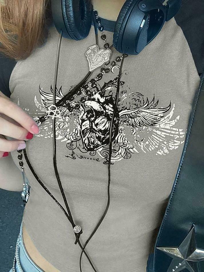 Y2K Aesthetic Cap-Sleeve Graphic Print Raglan T-Shirt - Coquette Style