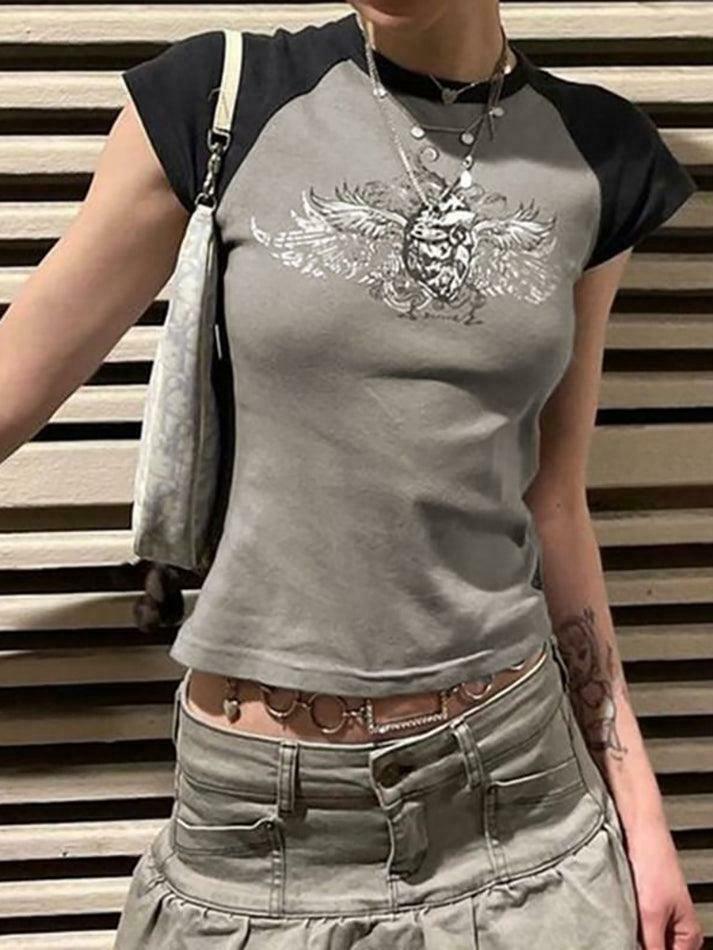 Y2K Aesthetic Cap-Sleeve Graphic Print Raglan T-Shirt - Coquette Style