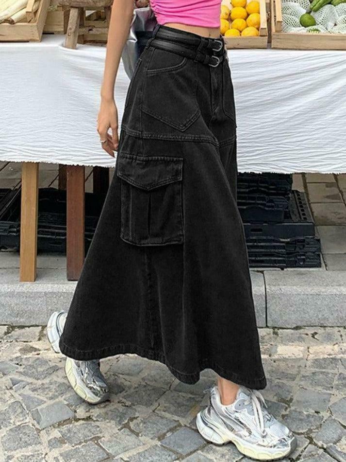 Y2K Aesthetic Cargo Denim Maxi Skirt: Coquette & Grunge Style for Women's Fashion