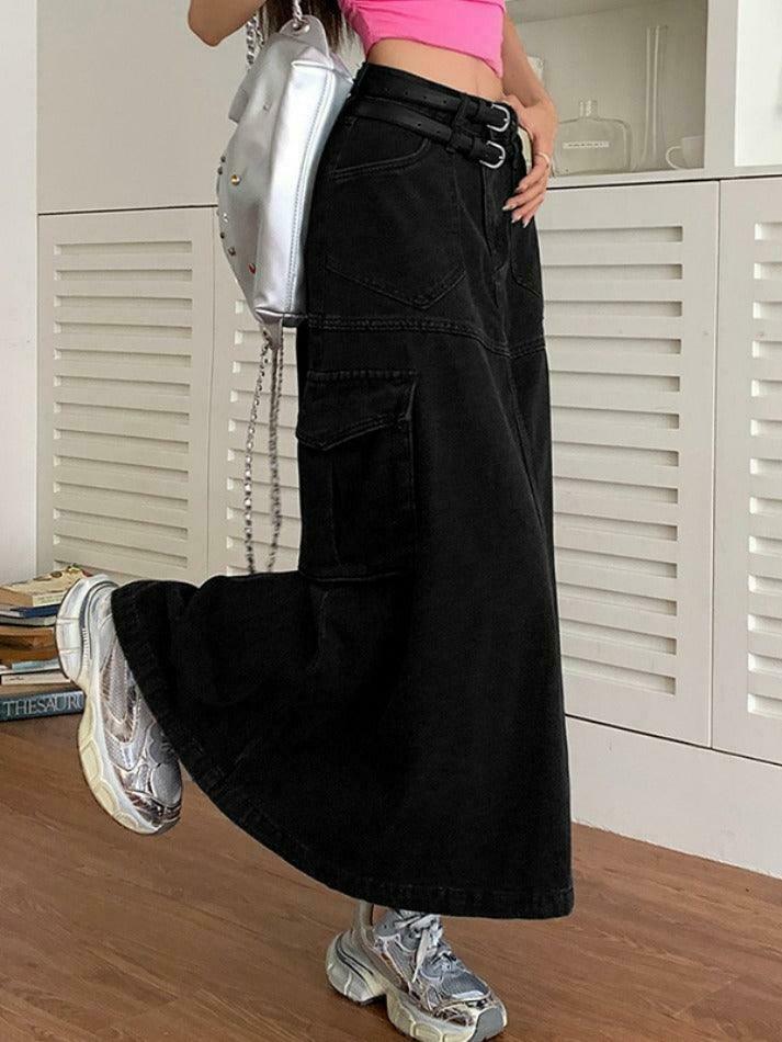 Y2K Aesthetic Cargo Denim Maxi Skirt: Coquette & Grunge Style for Women's Fashion