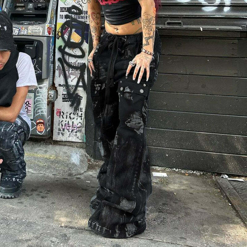 Y2K Aesthetic Cargo Skirt: Coquette Grunge Style with Dark Punk Trend, Loose Smudged Jeans