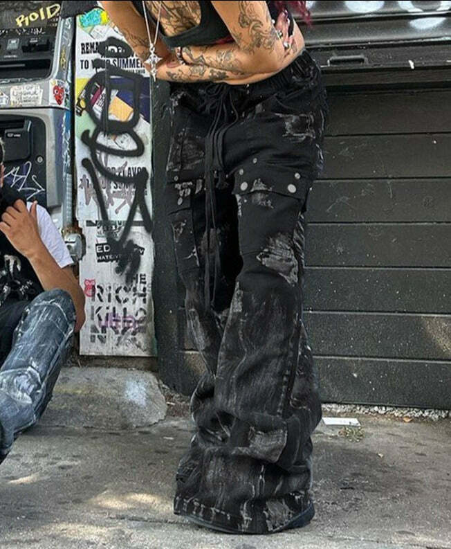 Y2K Aesthetic Cargo Skirt: Coquette Grunge Style with Dark Punk Trend, Loose Smudged Jeans