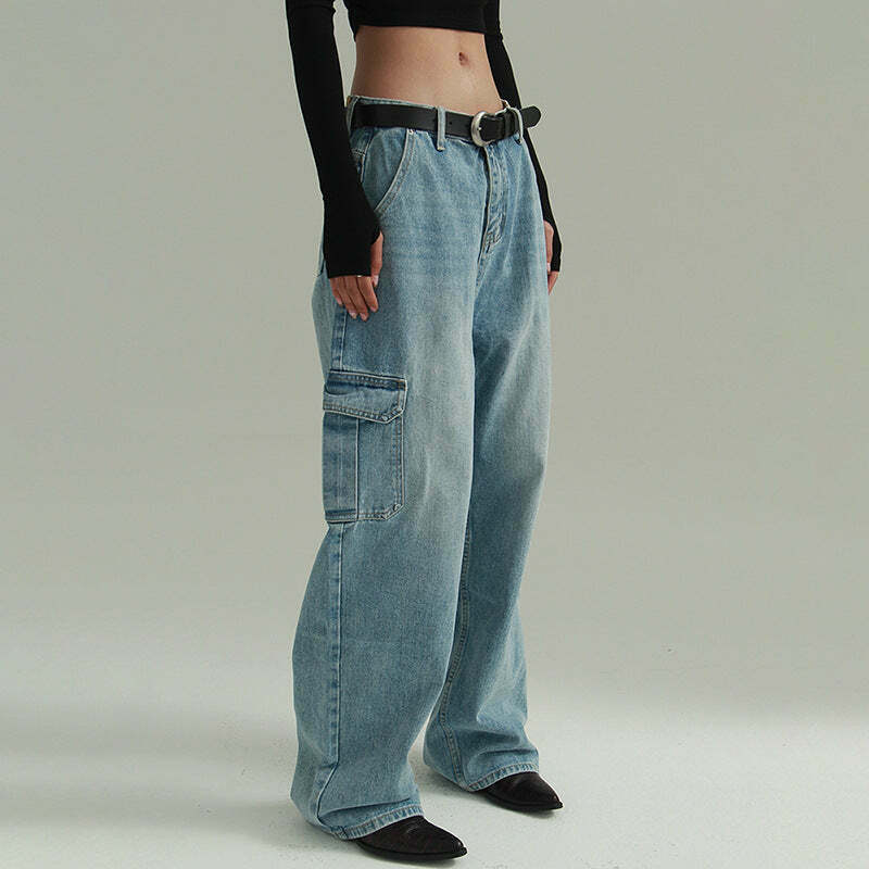 Y2K Aesthetic Cargo Skirt: Coquette Style Grunge Fashion with Loose Wide-Leg Denim Jeans