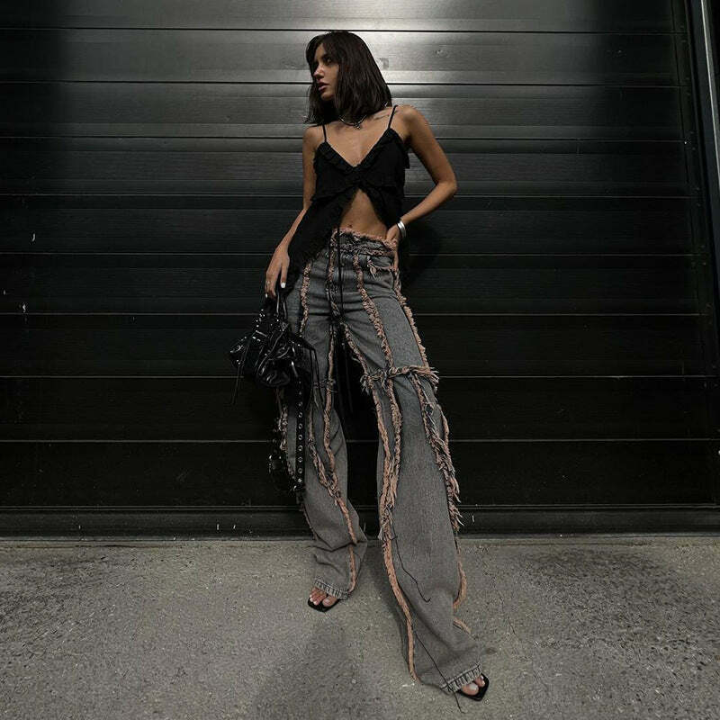 Y2K Aesthetic Cargo Skirt: Coquette Style Grunge Outfit with Raw-Edge Split Jeans