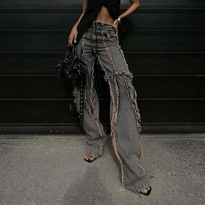 Y2K Aesthetic Cargo Skirt: Coquette Style Grunge Outfit with Raw-Edge Split Jeans