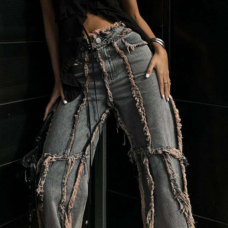 Y2K Aesthetic Cargo Skirt: Coquette Style Grunge Outfit with Raw-Edge Split Jeans