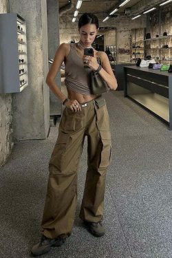 Y2K Aesthetic Cargo Skirt: Coquette Style Grunge Outfit with Retro Low-Waist Loose Woven Pants