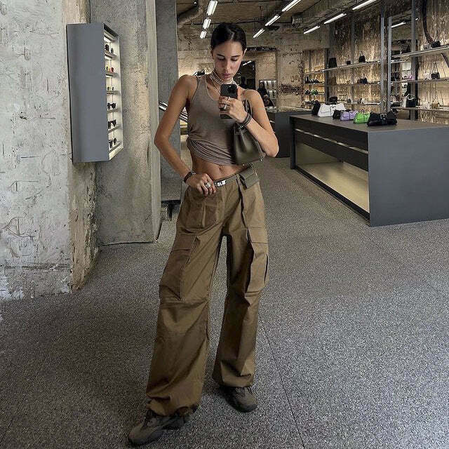 Y2K Aesthetic Cargo Skirt: Coquette Style Grunge Outfit with Retro Low-Waist Loose Woven Pants
