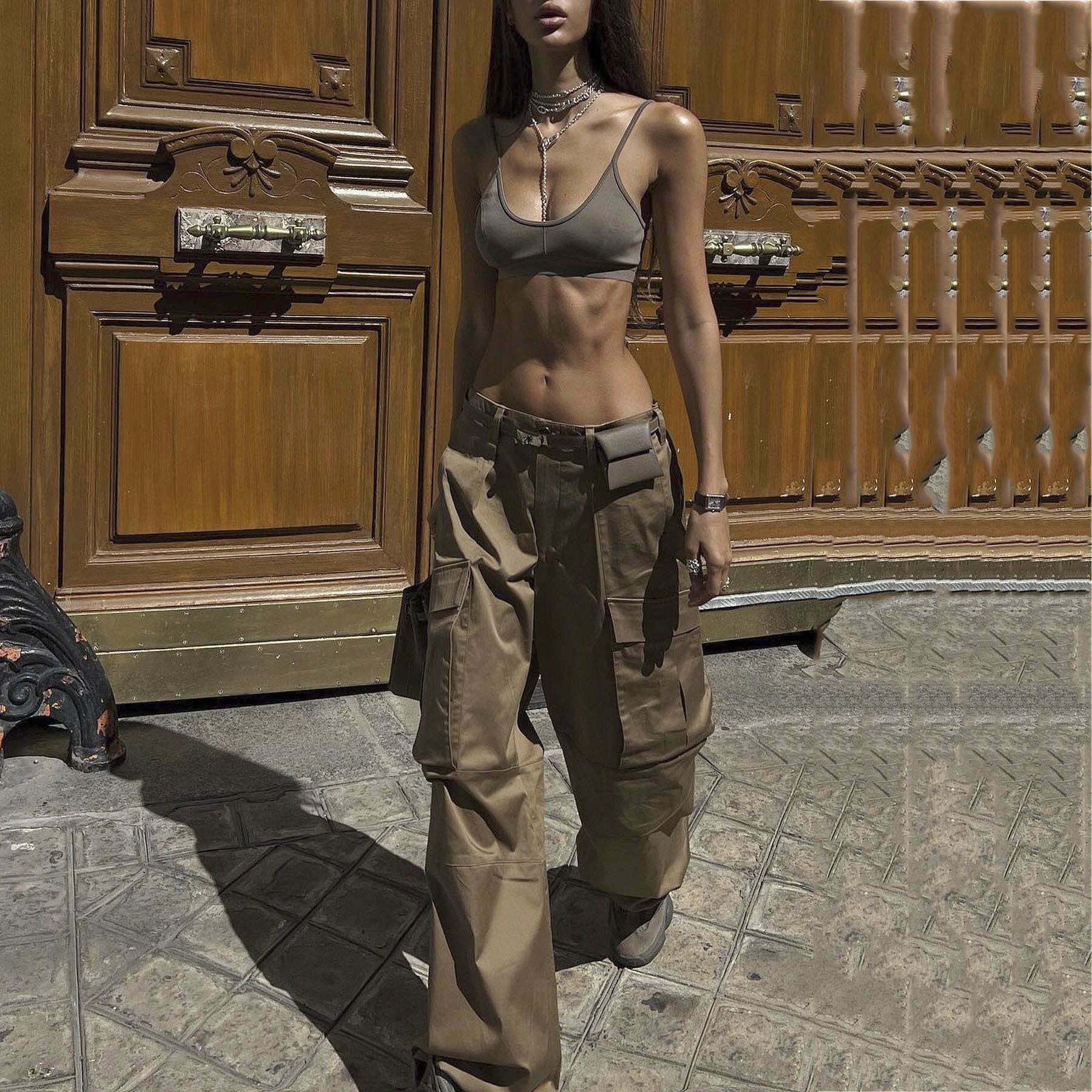 Y2K Aesthetic Cargo Skirt: Coquette Style Grunge Outfit with Retro Low-Waist Loose Woven Pants
