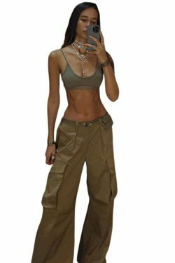 Y2K Aesthetic Cargo Skirt: Coquette Style Grunge Outfit with Retro Low-Waist Loose Woven Pants