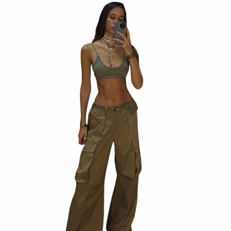 Y2K Aesthetic Cargo Skirt: Coquette Style Grunge Outfit with Retro Low-Waist Loose Woven Pants
