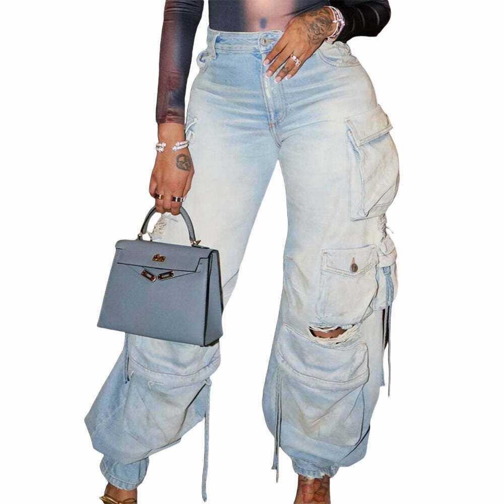 Y2K Aesthetic Cargo Skirt: Coquette Style Grunge Outfit with Retro Multi-Pocket Denim Pants