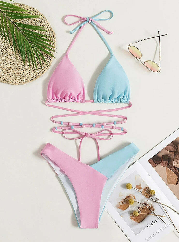 Y2K Aesthetic Cargo Skirt Set with Coquette Style Beads Bikini Swimsuit